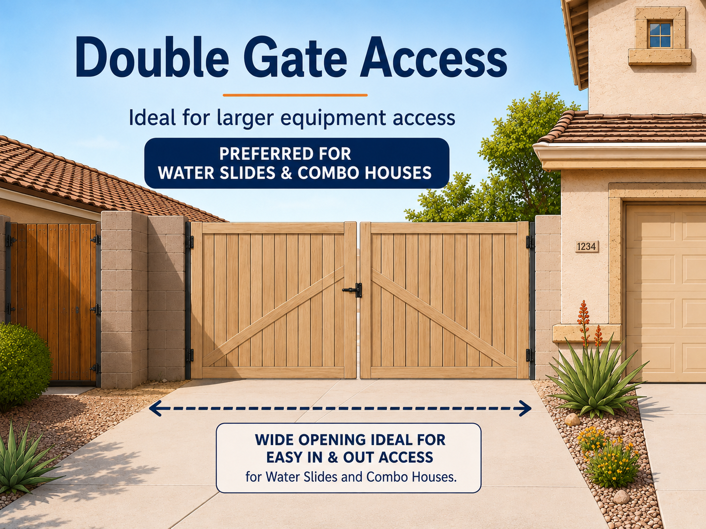 Double gate backyard access suitable for water slides and combo bounce houses
