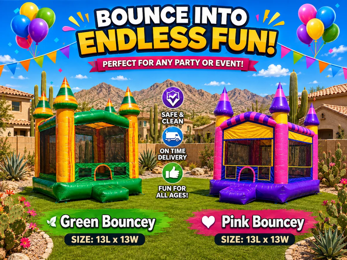 Green Bouncey and Pink Bouncey bounce house rentals