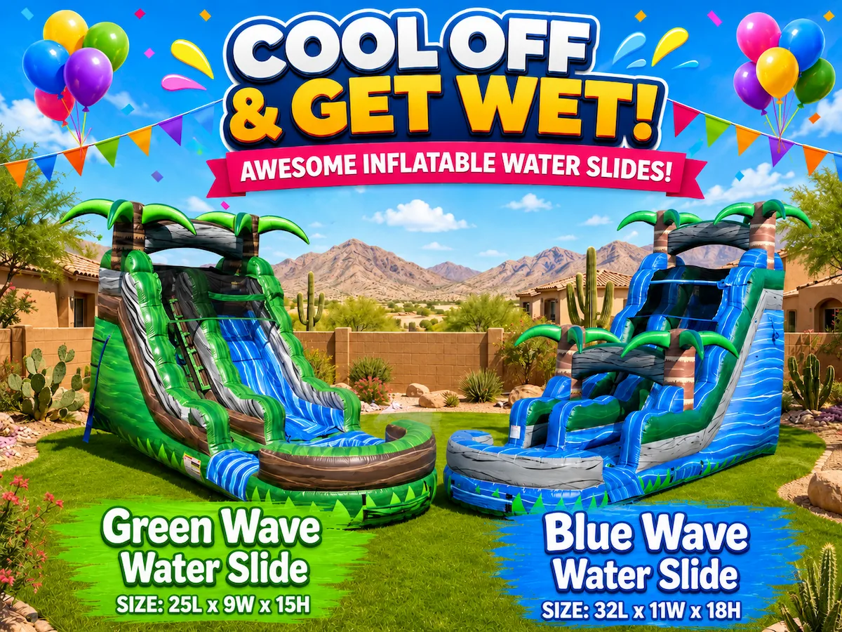 Green Wave and Blue Wave inflatable water slide rentals